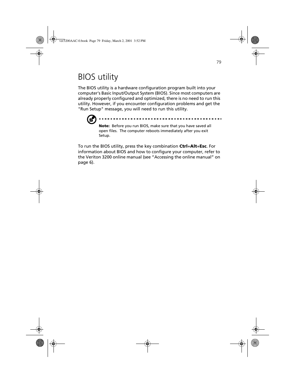 Bios utility | Acer 3200 User Manual | Page 89 / 96