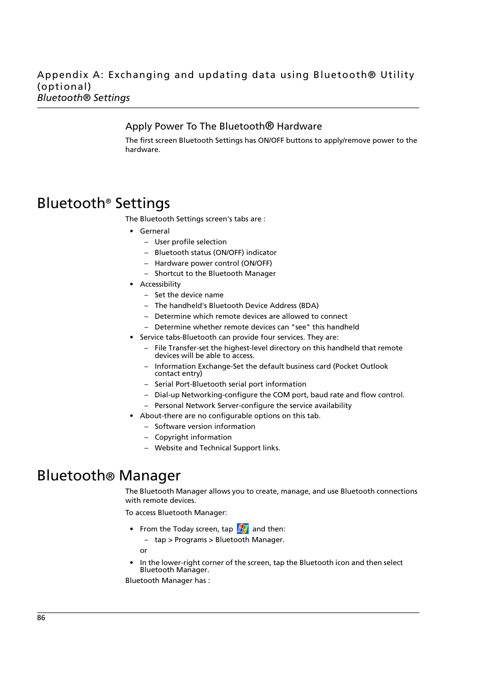 Bluetooth® settings, Bluetooth® manager, Bluetooth® settings bluetooth® manager | Bluetooth, Settings, Manager | Acer n50 User Manual | Page 100 / 122