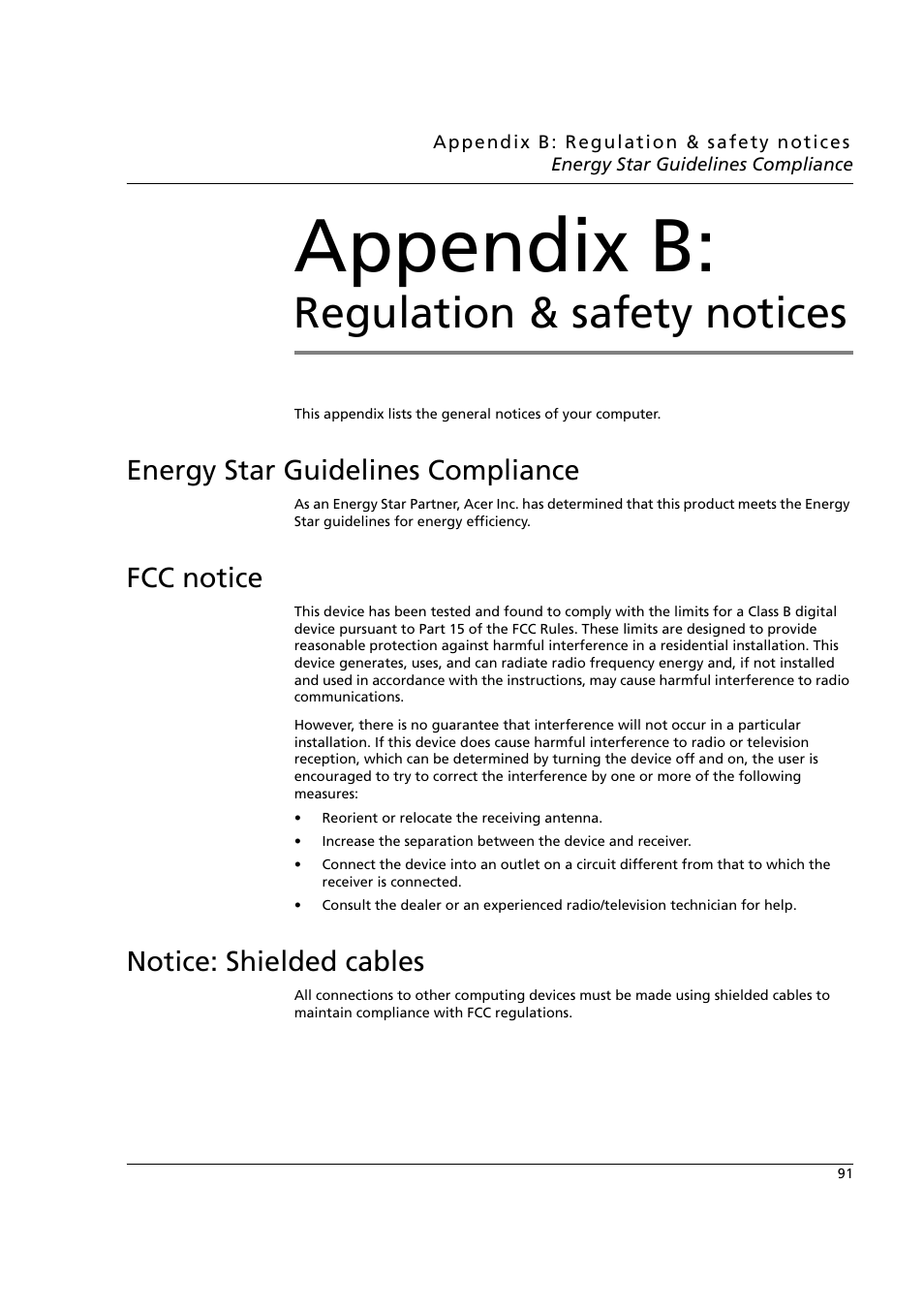 Appendix b: regulation & safety notices, Energy star guidelines compliance, Fcc notice | Notice: shielded cables, Appendix b, Regulation & safety notices | Acer n50 User Manual | Page 105 / 122