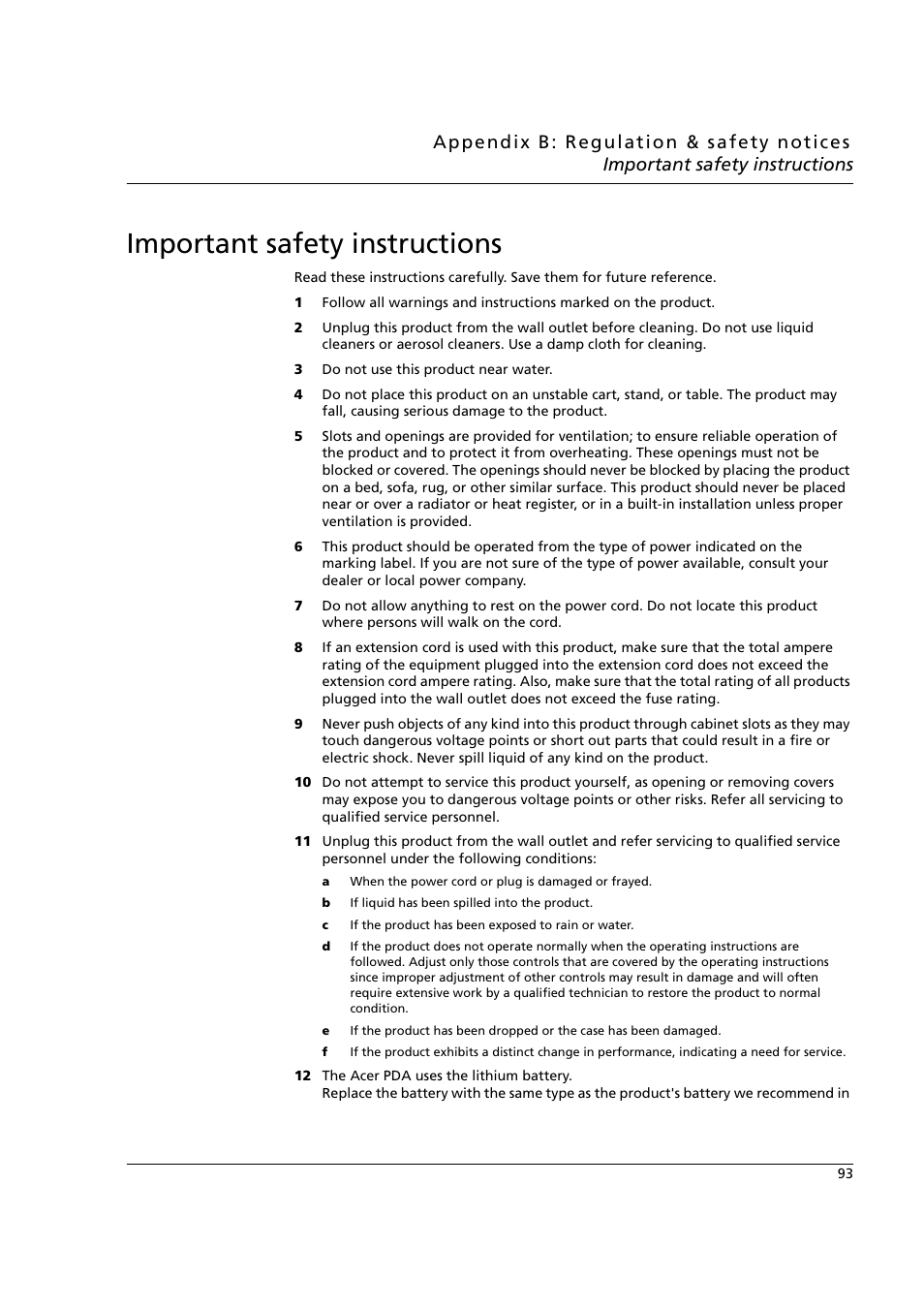 Important safety instructions | Acer n50 User Manual | Page 107 / 122