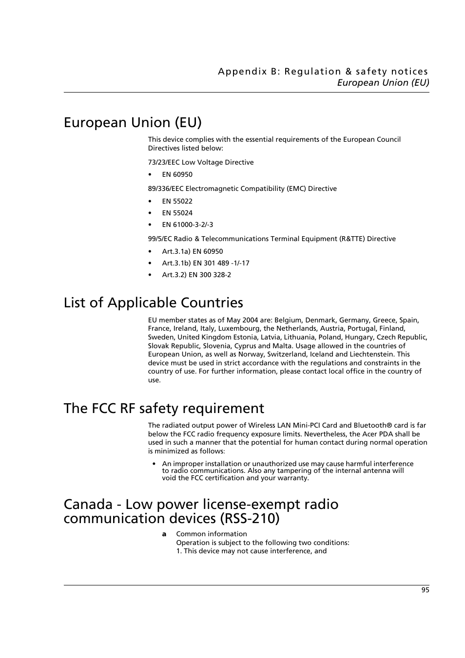 European union (eu), List of applicable countries, The fcc rf safety requirement | Acer n50 User Manual | Page 109 / 122