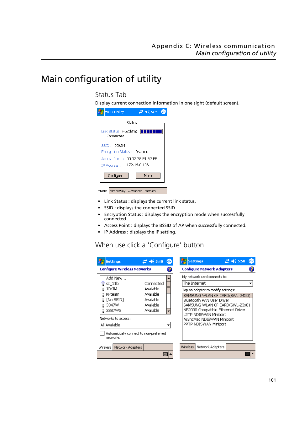 Main configuration of utility, Status tab, When use click a 'configure' button | Status tab when use click a 'configure' button | Acer n50 User Manual | Page 115 / 122