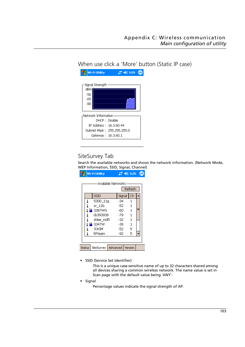 When use click a 'more' button (static ip case), Sitesurvey tab | Acer n50 User Manual | Page 117 / 122