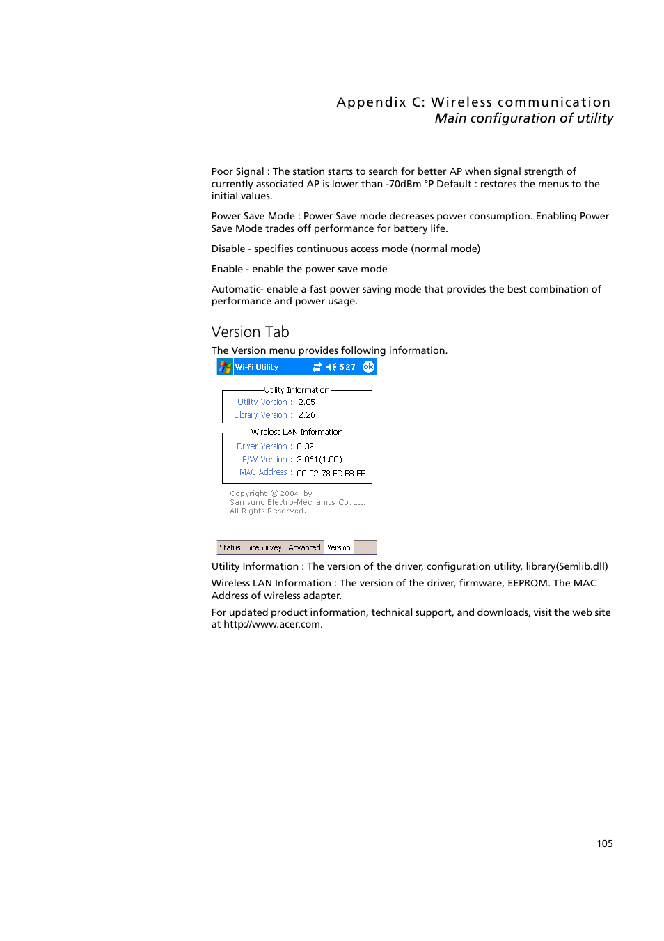 Version tab | Acer n50 User Manual | Page 119 / 122