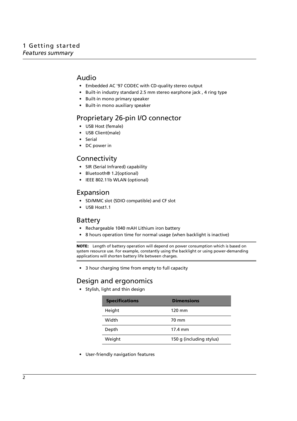 Audio, Proprietary 26-pin i/o connector, Connectivity | Expansion, Battery, Design and ergonomics | Acer n50 User Manual | Page 16 / 122