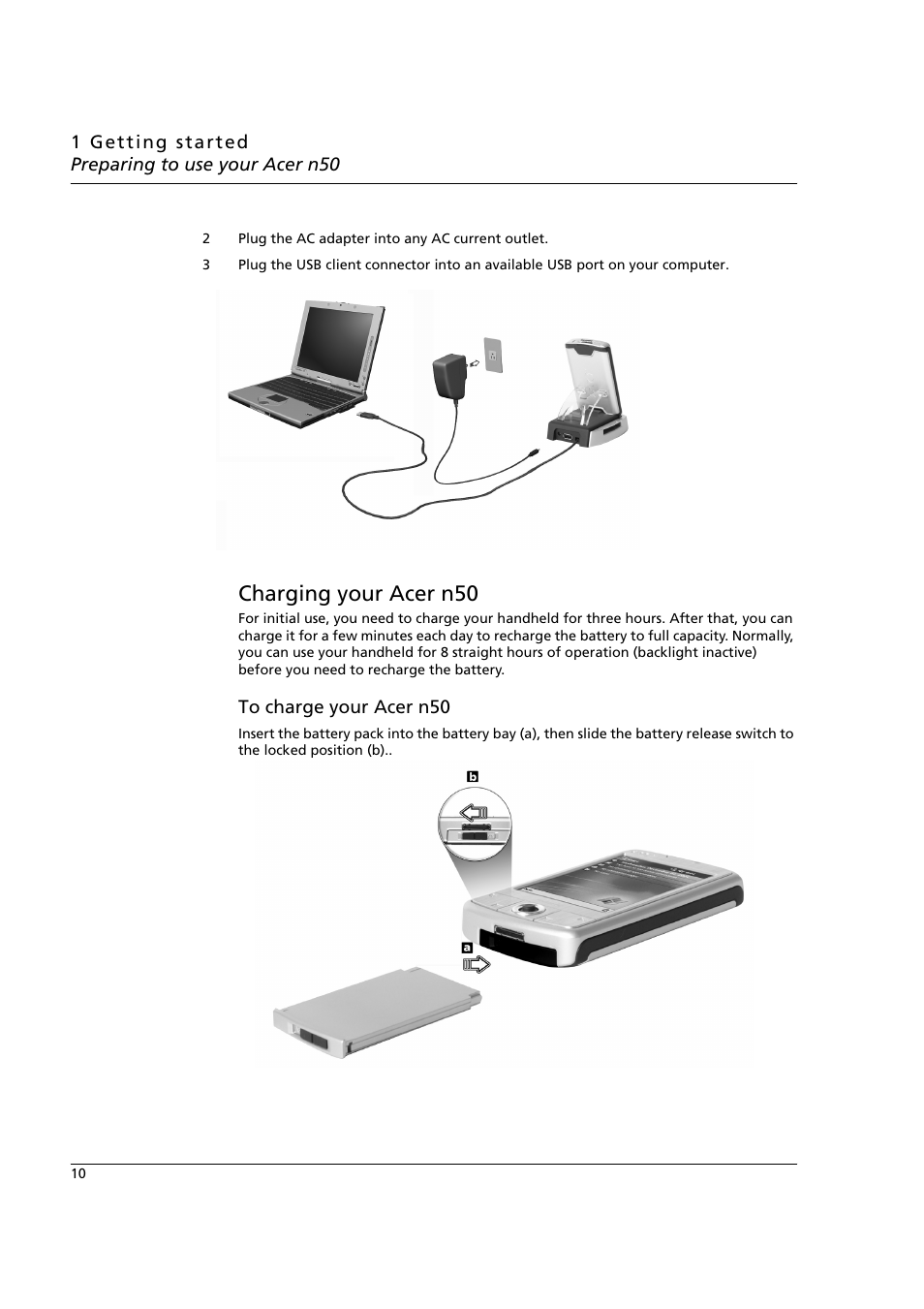 Charging your acer n50 | Acer n50 User Manual | Page 24 / 122