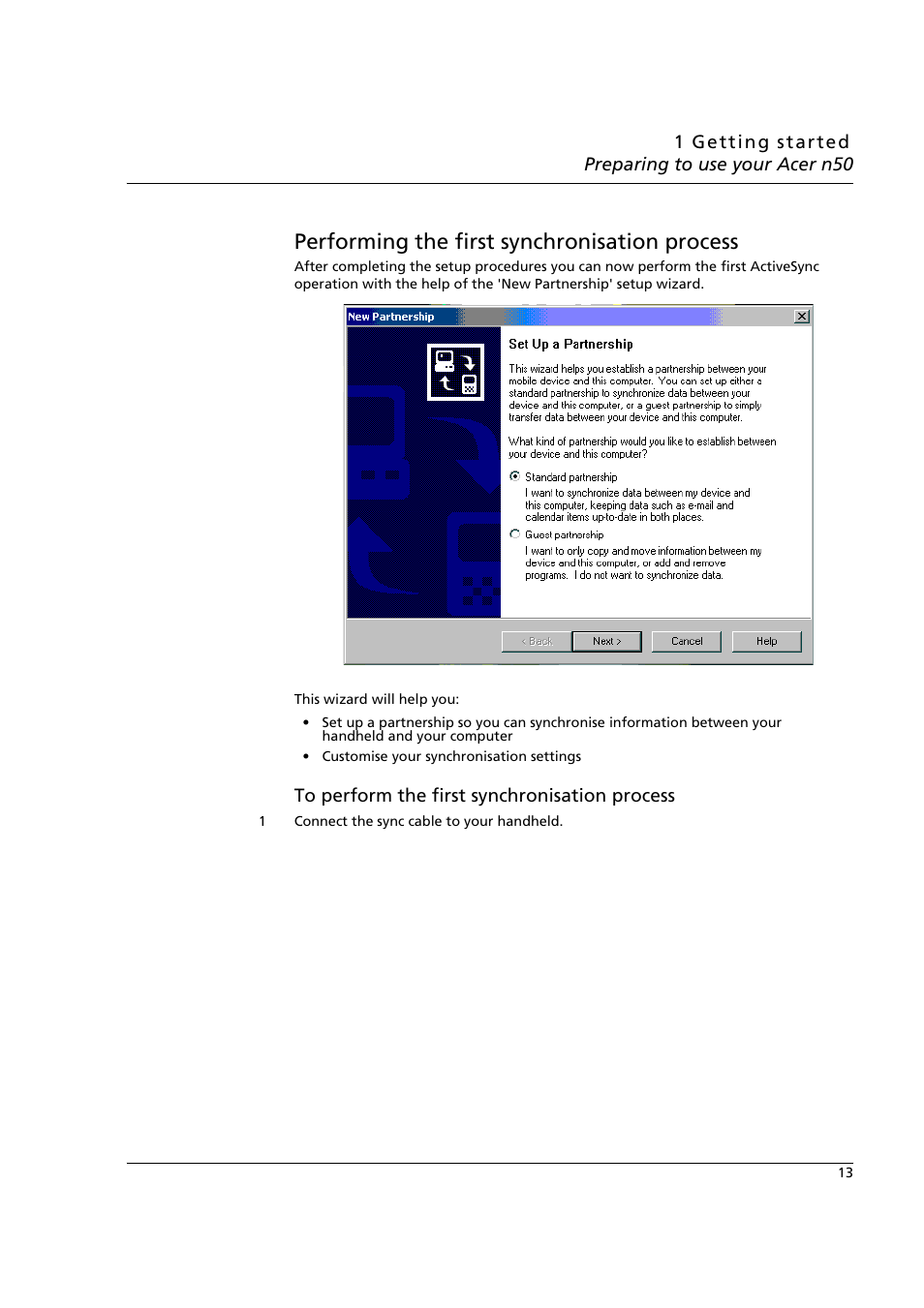 Performing the first synchronisation process | Acer n50 User Manual | Page 27 / 122