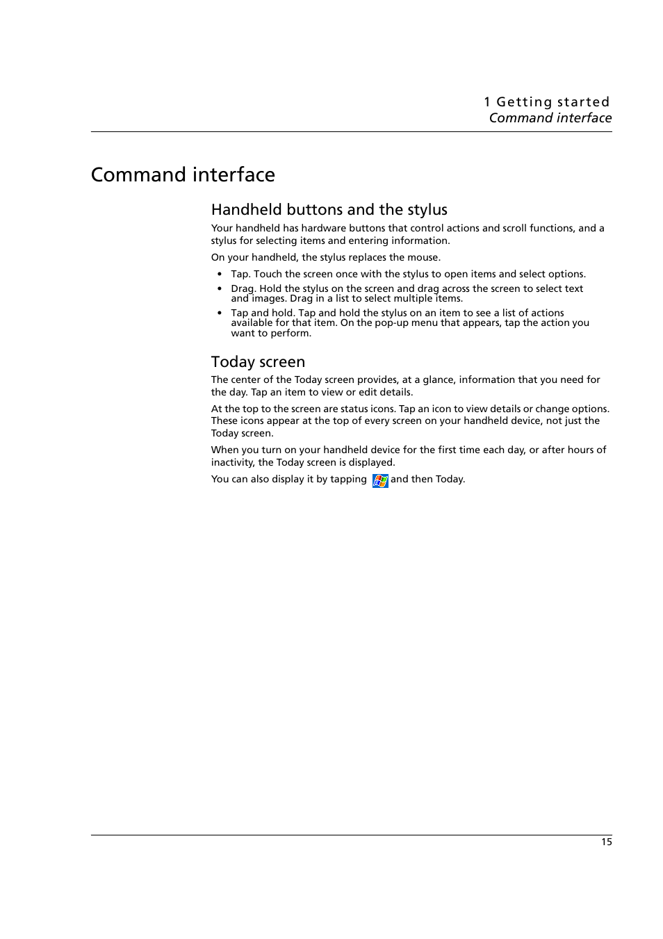 Command interface, Handheld buttons and the stylus, Today screen | Handheld buttons and the stylus today screen | Acer n50 User Manual | Page 29 / 122