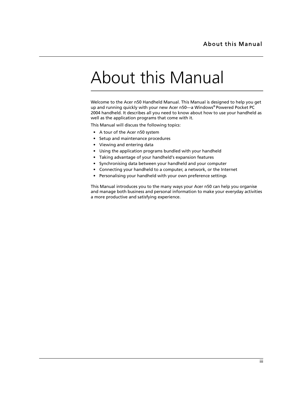 About this manual | Acer n50 User Manual | Page 3 / 122