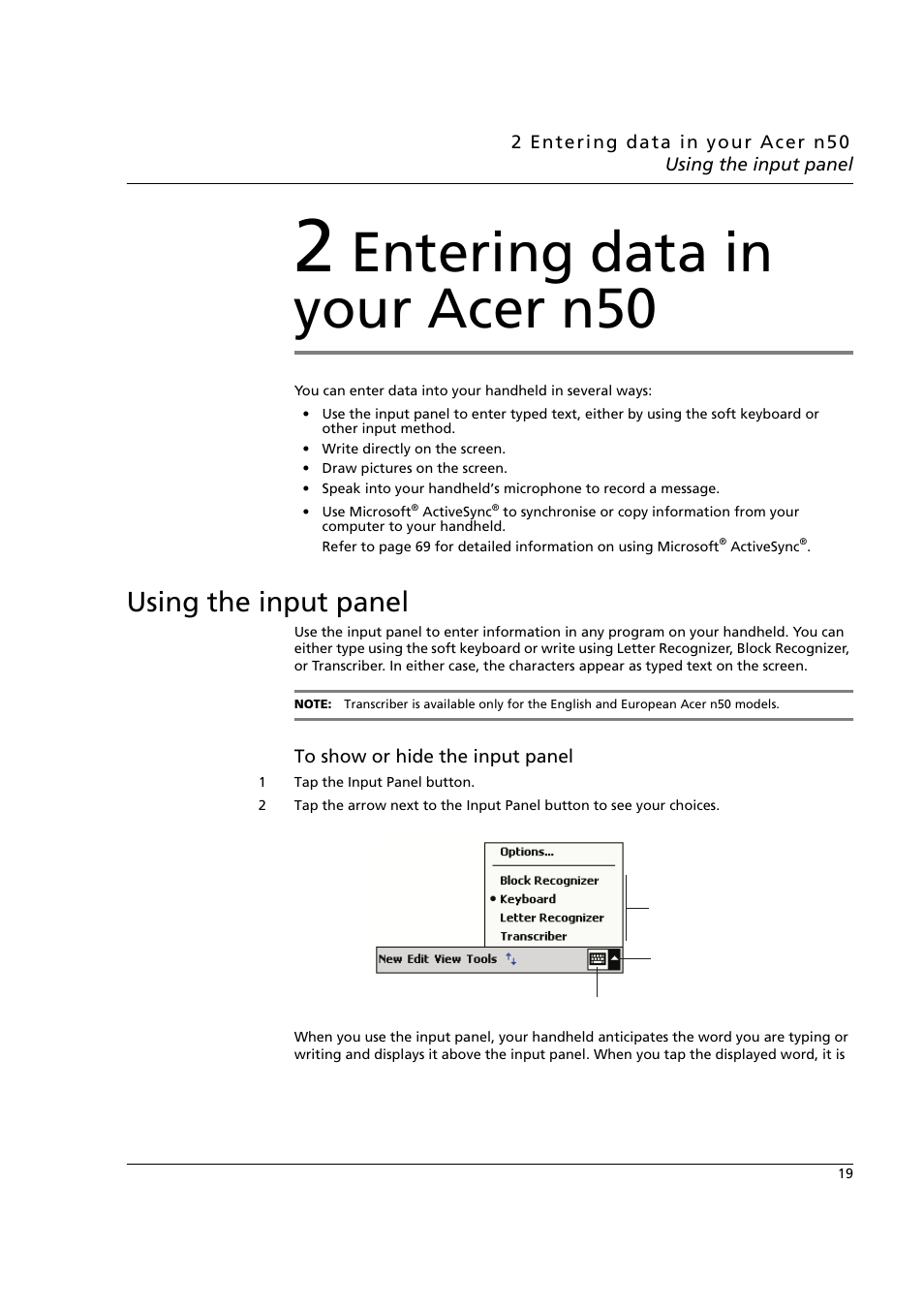 2 entering data in your acer n50, Using the input panel, Entering data in your acer n50 | Acer n50 User Manual | Page 33 / 122