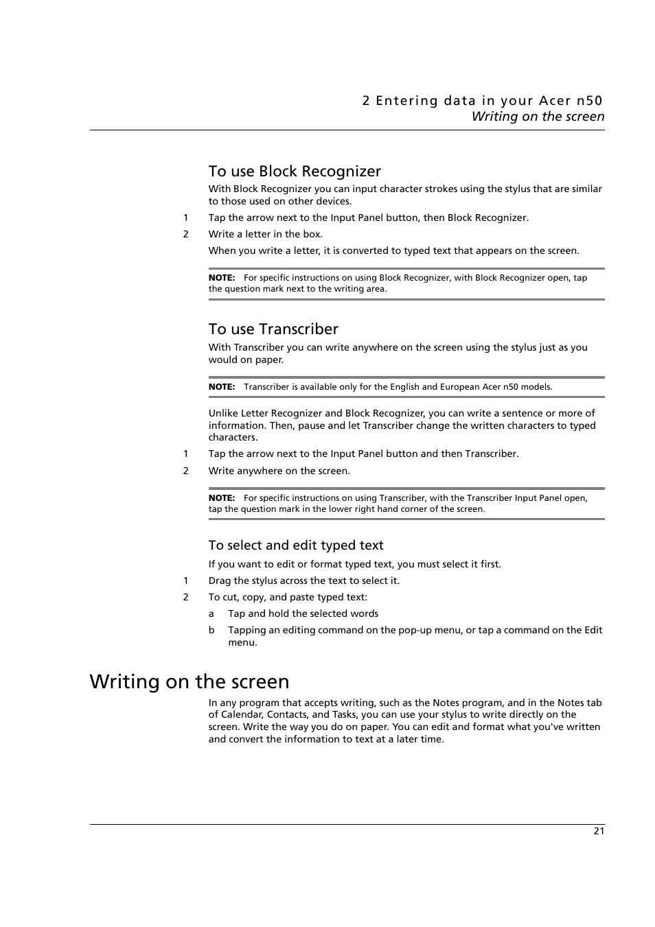 To use block recognizer, To use transcriber, Writing on the screen | To use block recognizer to use transcriber | Acer n50 User Manual | Page 35 / 122