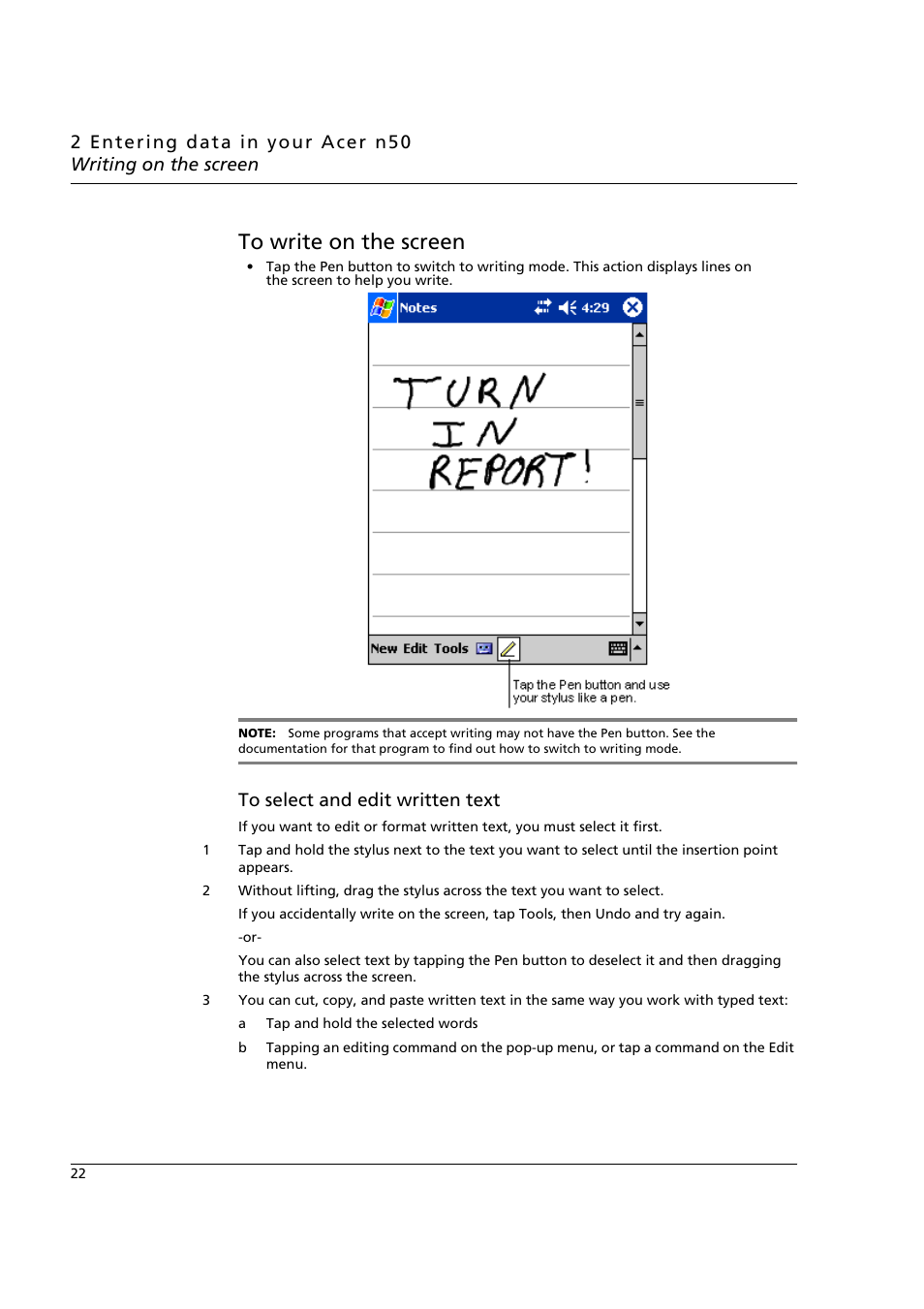 To write on the screen | Acer n50 User Manual | Page 36 / 122