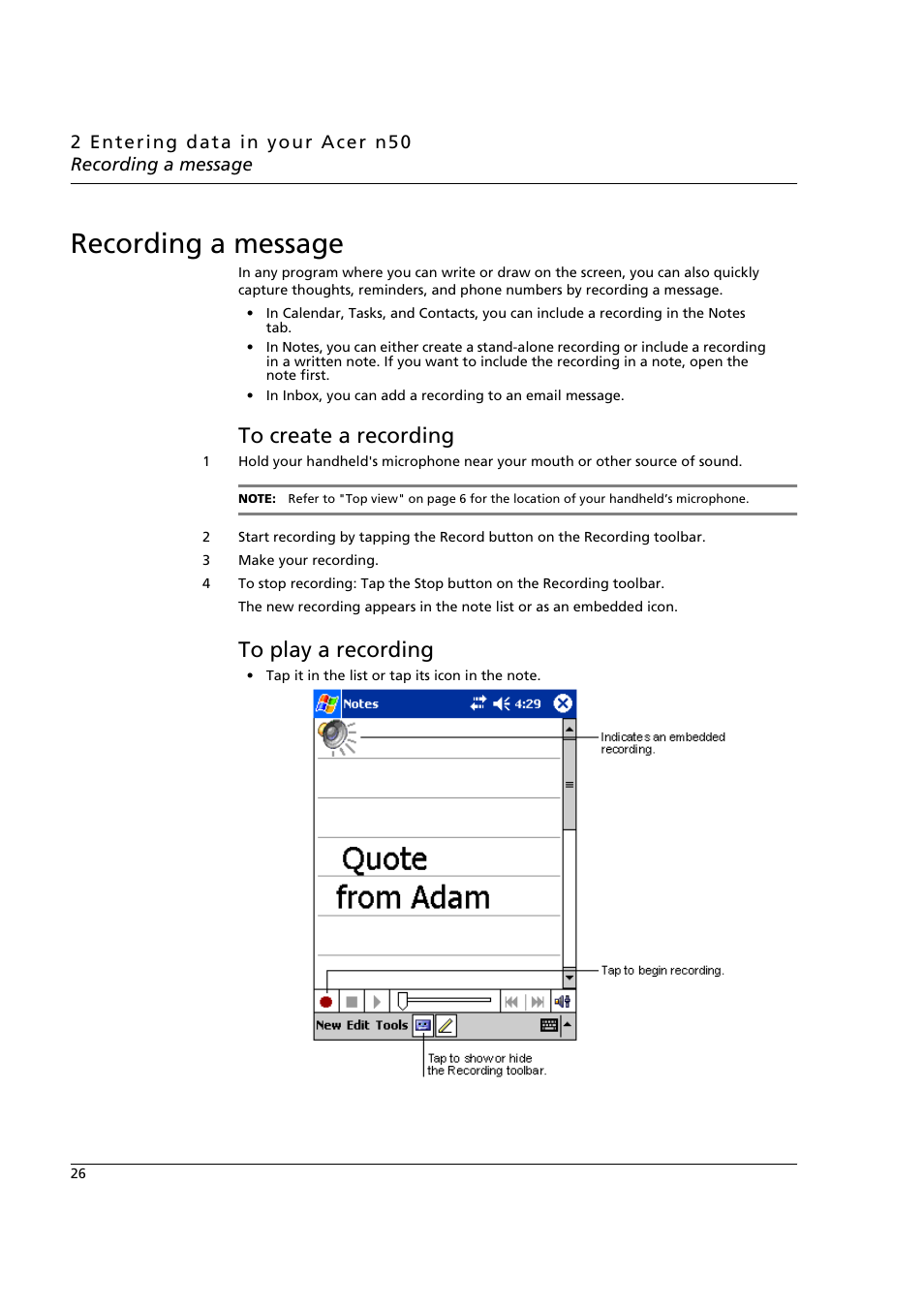 Recording a message, To create a recording, To play a recording | To create a recording to play a recording | Acer n50 User Manual | Page 40 / 122