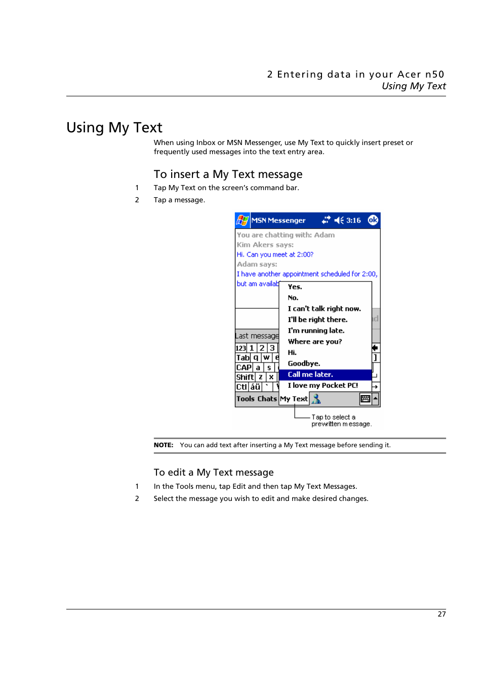 Using my text, To insert a my text message | Acer n50 User Manual | Page 41 / 122