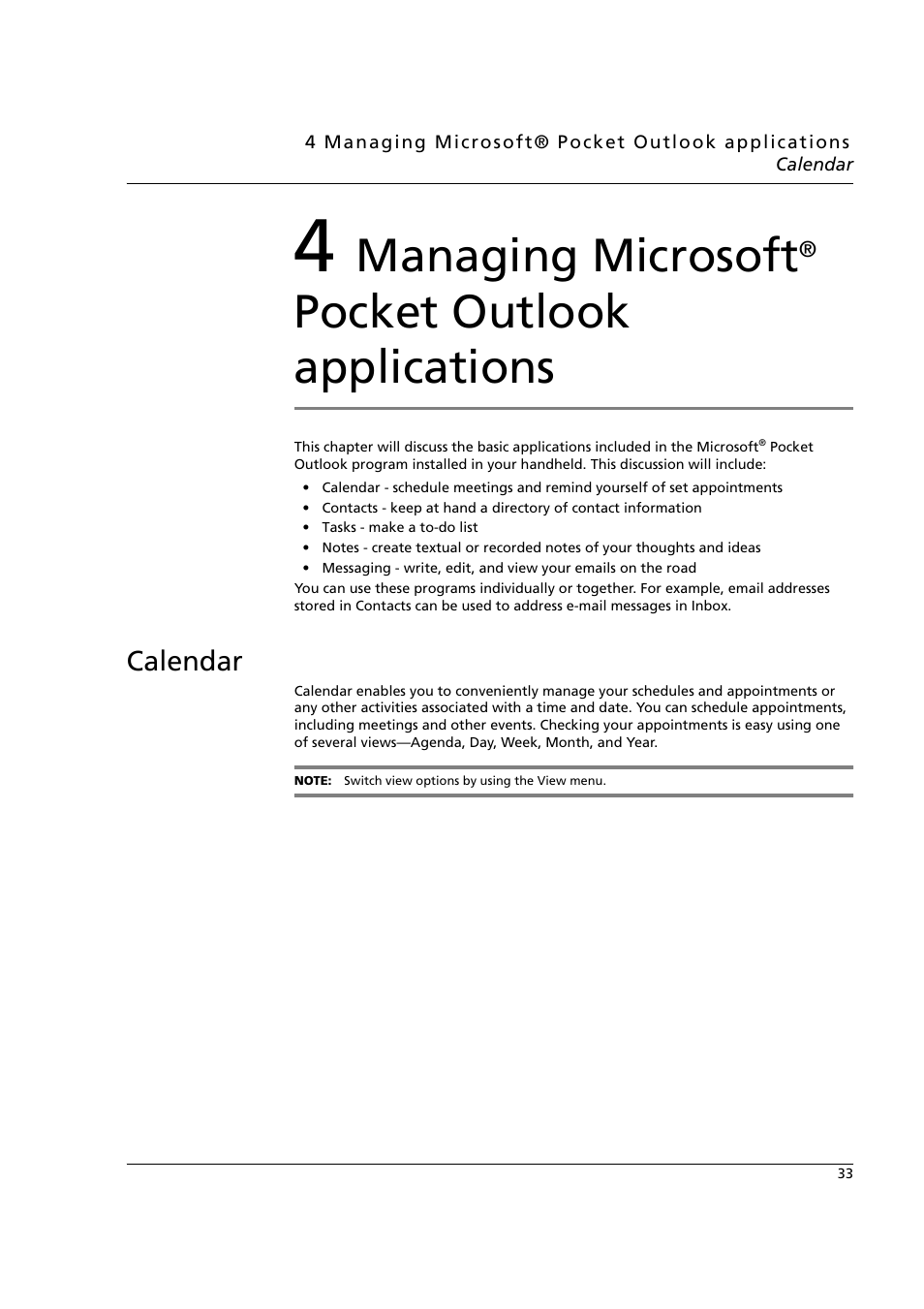 4 managing microsoft® pocket outlook applications, Calendar, Managing microsoft | Pocket outlook applications | Acer n50 User Manual | Page 47 / 122