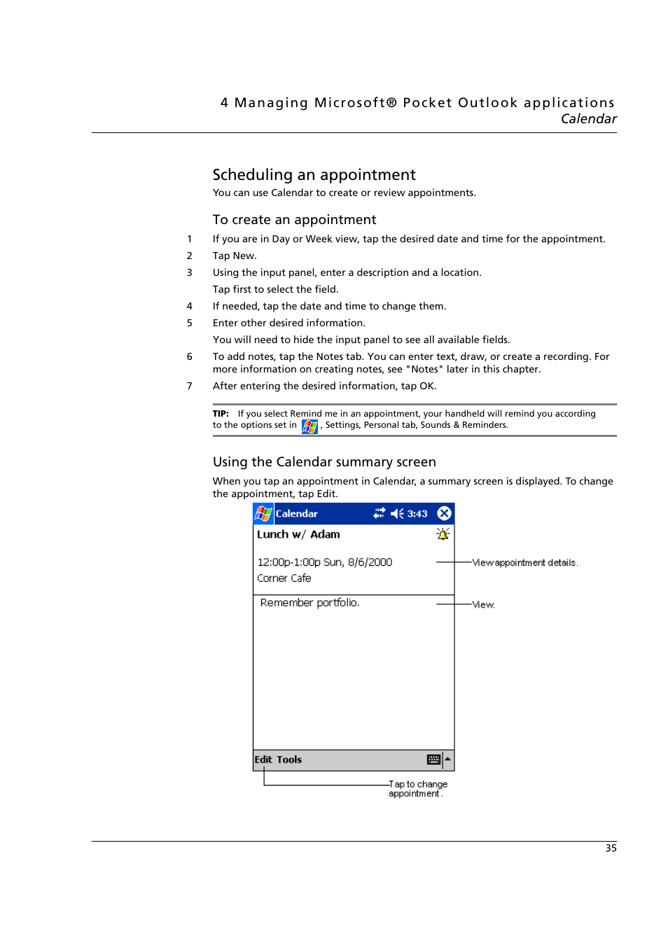 Scheduling an appointment, Using the calendar summary screen | Acer n50 User Manual | Page 49 / 122