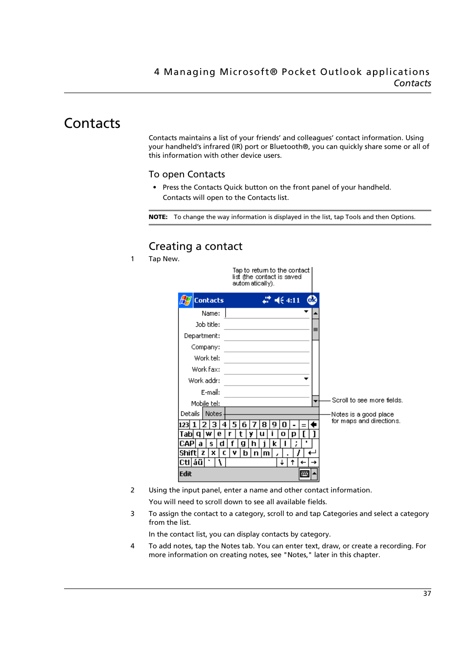 Contacts, Creating a contact | Acer n50 User Manual | Page 51 / 122