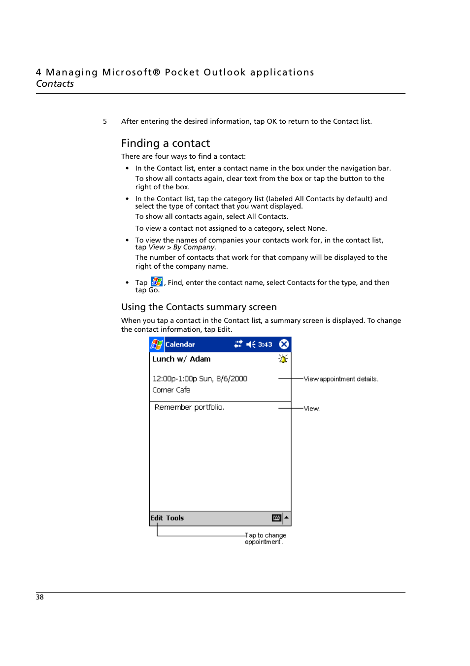 Finding a contact, Using the contacts summary screen | Acer n50 User Manual | Page 52 / 122