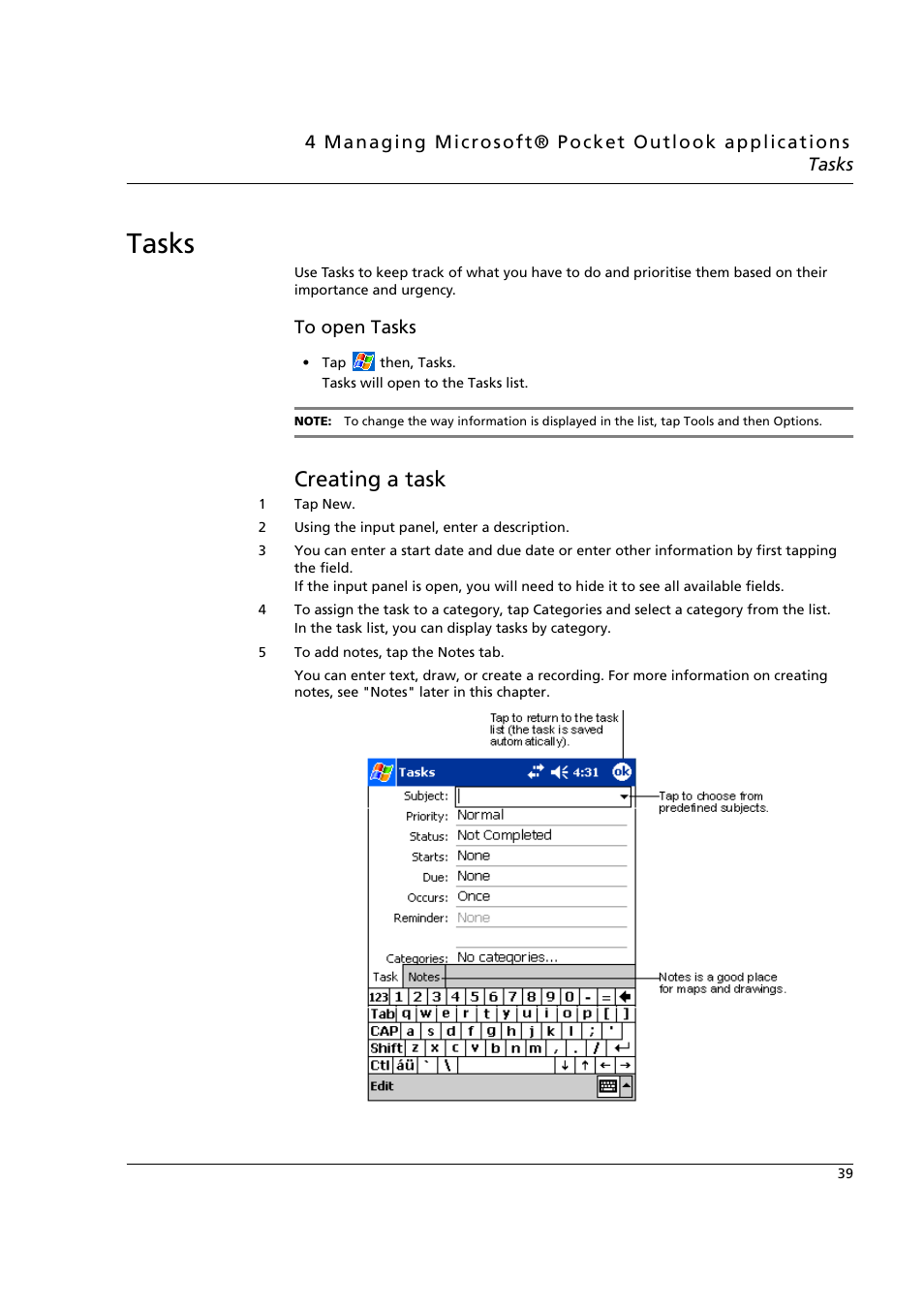 Tasks, Creating a task | Acer n50 User Manual | Page 53 / 122