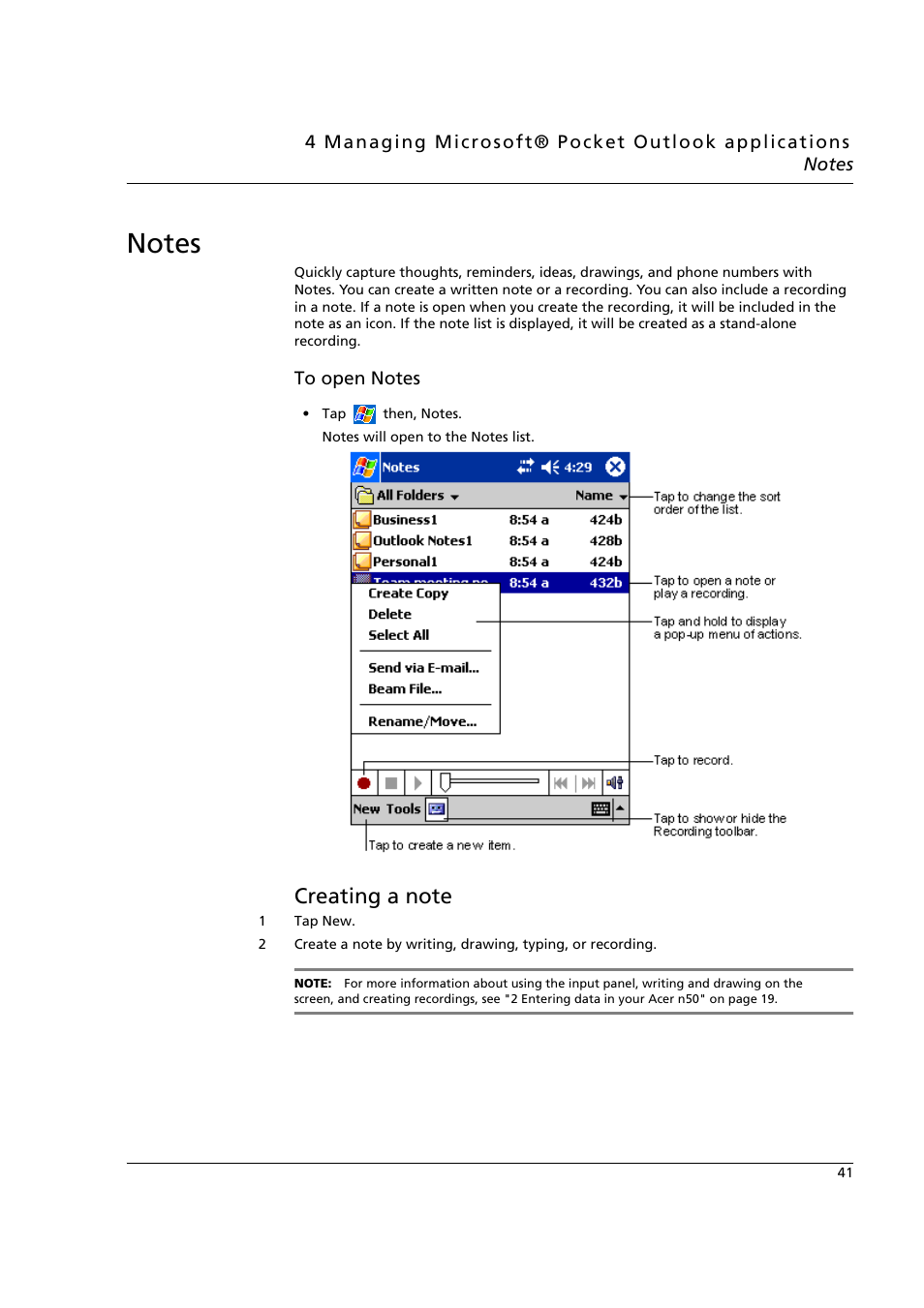 Notes, Creating a note | Acer n50 User Manual | Page 55 / 122