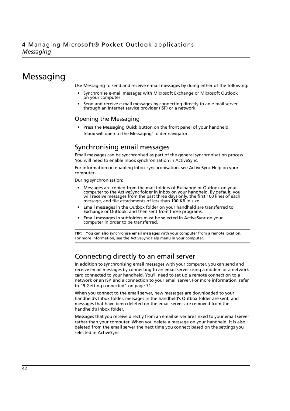 Messaging, Synchronising email messages, Connecting directly to an email server | Opening the messaging | Acer n50 User Manual | Page 56 / 122