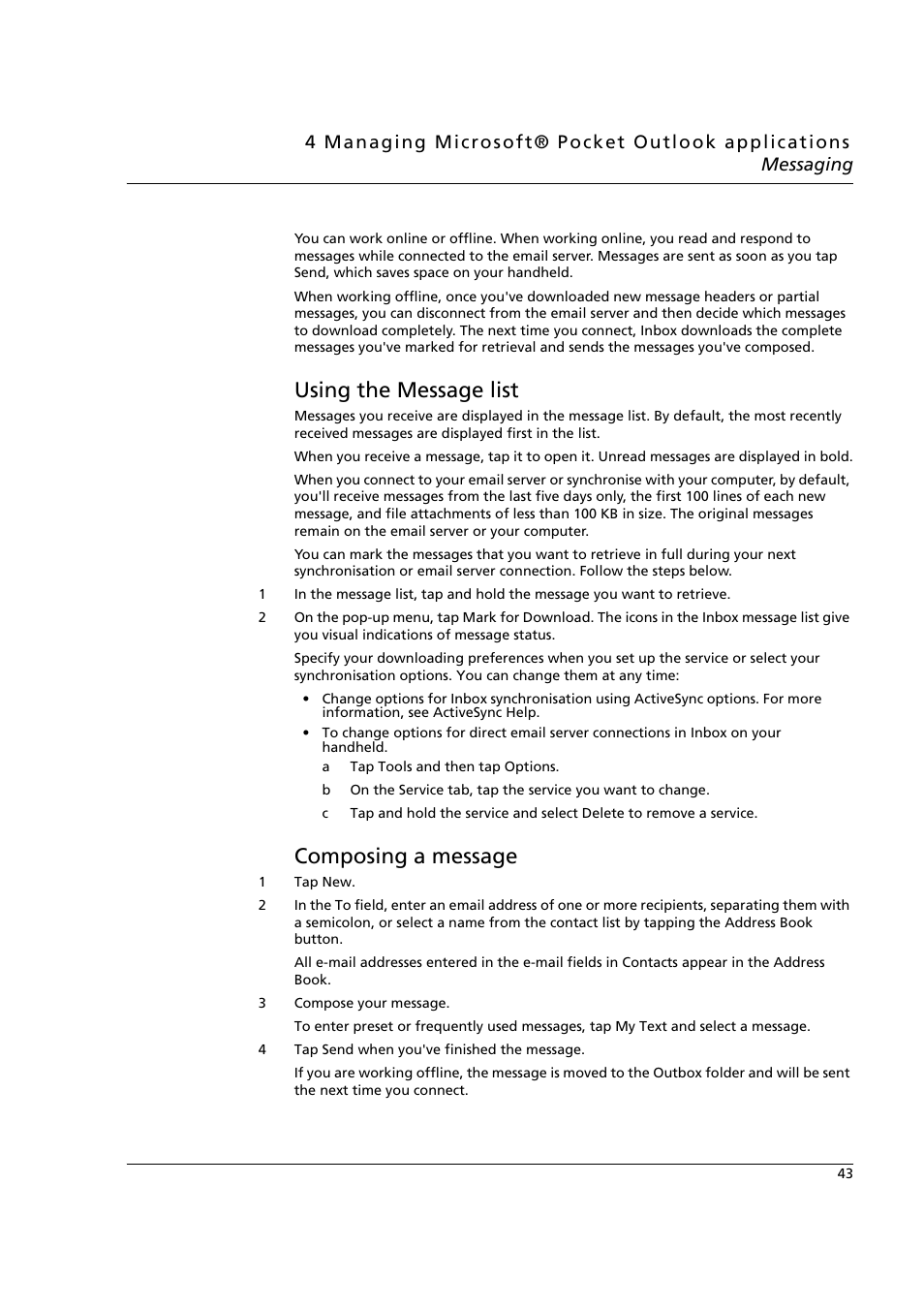 Using the message list, Composing a message, Using the message list composing a message | Acer n50 User Manual | Page 57 / 122