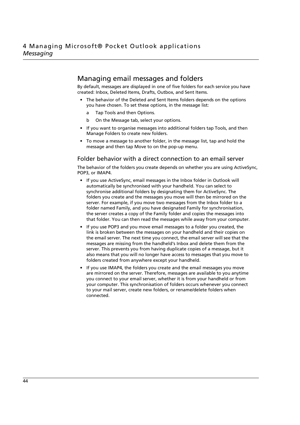 Managing email messages and folders | Acer n50 User Manual | Page 58 / 122