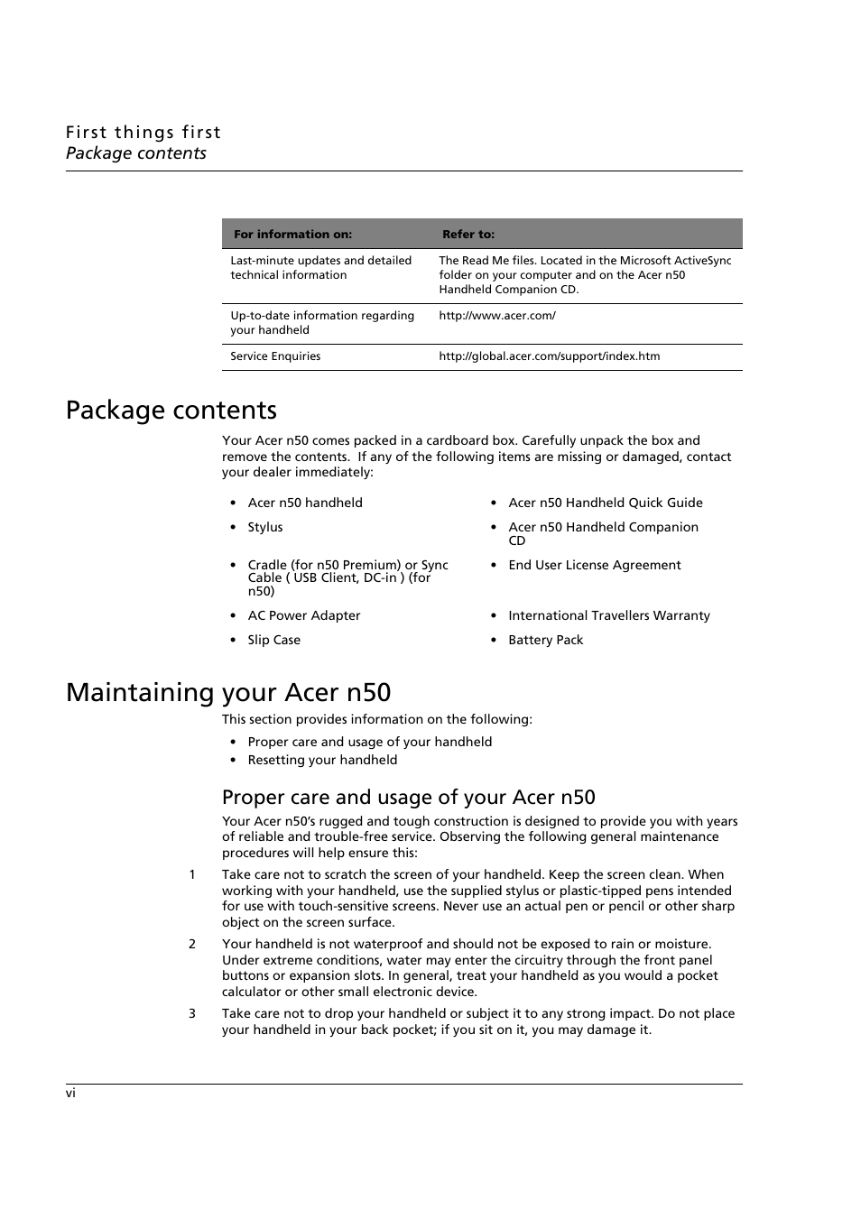 Package contents, Maintaining your acer n50, Proper care and usage of your acer n50 | Acer n50 User Manual | Page 6 / 122