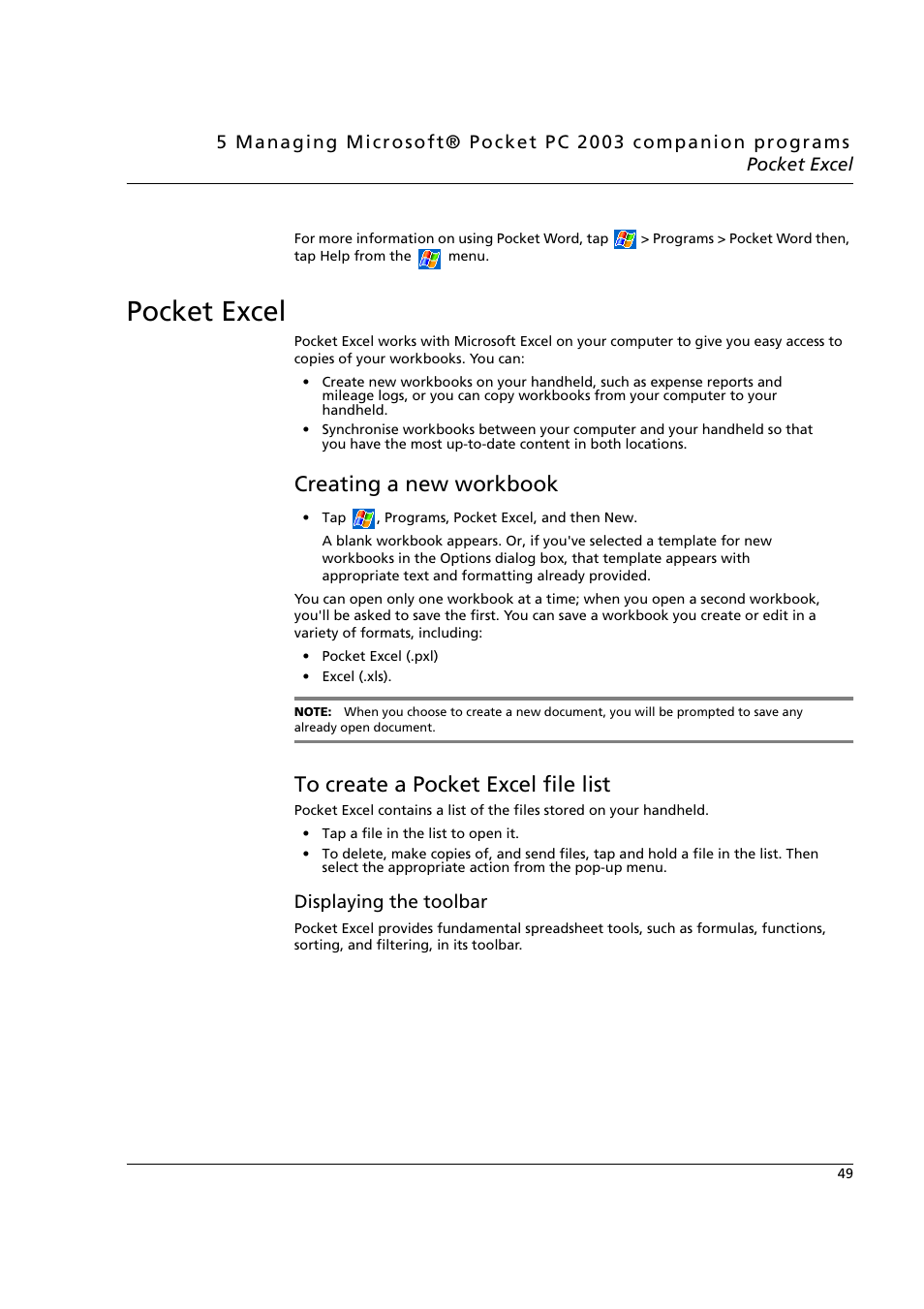 Pocket excel, Creating a new workbook, To create a pocket excel file list | Displaying the toolbar | Acer n50 User Manual | Page 63 / 122