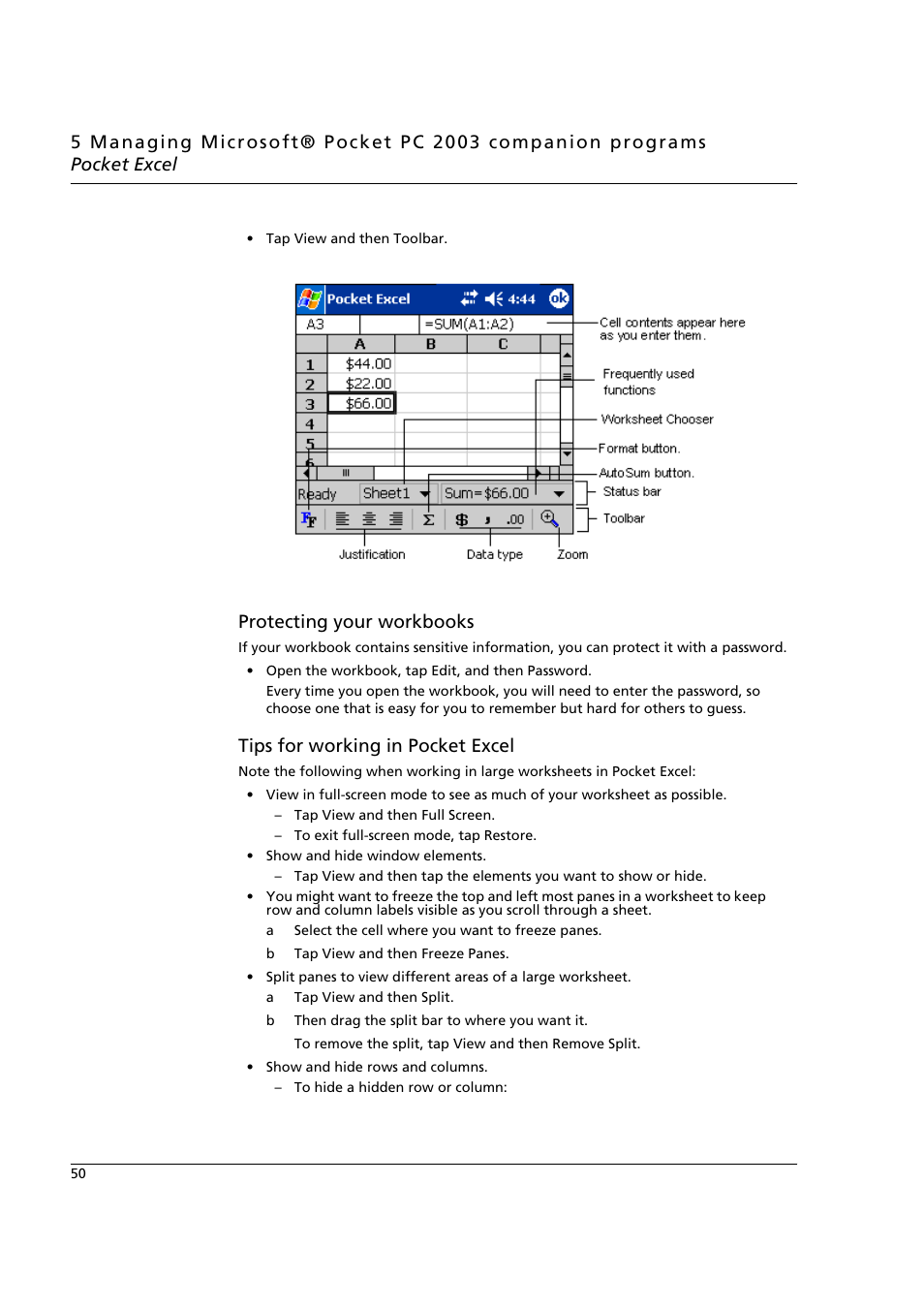 Protecting your workbooks, Tips for working in pocket excel | Acer n50 User Manual | Page 64 / 122