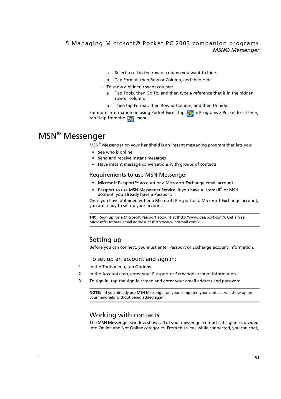 Msn® messenger, Setting up, Working with contacts | Setting up working with contacts, Messenger, Requirements to use msn messenger | Acer n50 User Manual | Page 65 / 122