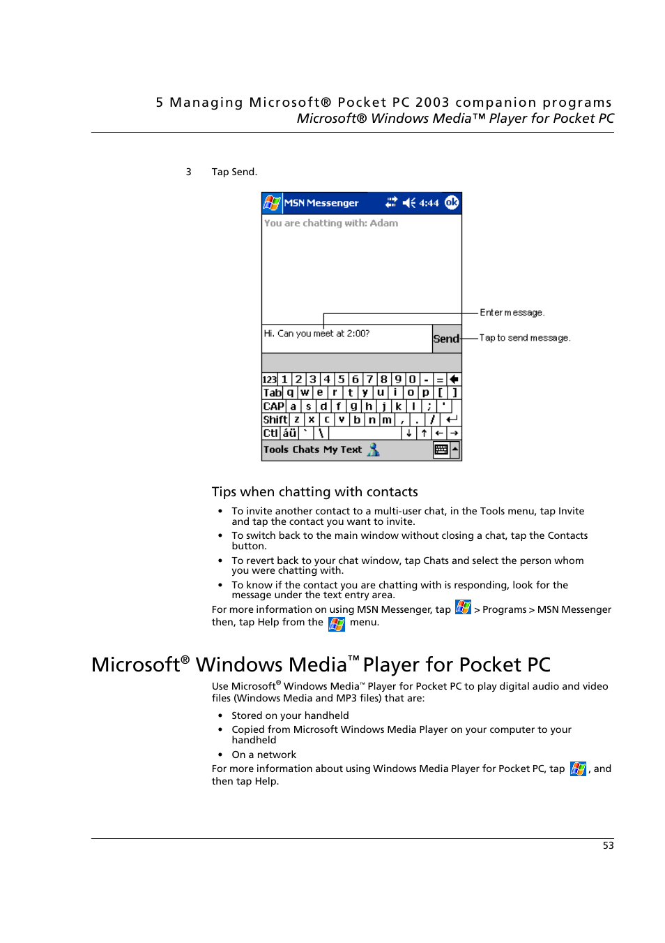 Microsoft® windows media™ player for pocket pc, Microsoft, Windows media | Player for pocket pc, Tips when chatting with contacts | Acer n50 User Manual | Page 67 / 122