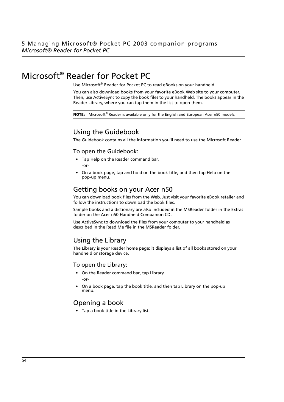 Microsoft® reader for pocket pc, Using the guidebook, Getting books on your acer n50 | Using the library, Opening a book, Microsoft, Reader for pocket pc | Acer n50 User Manual | Page 68 / 122