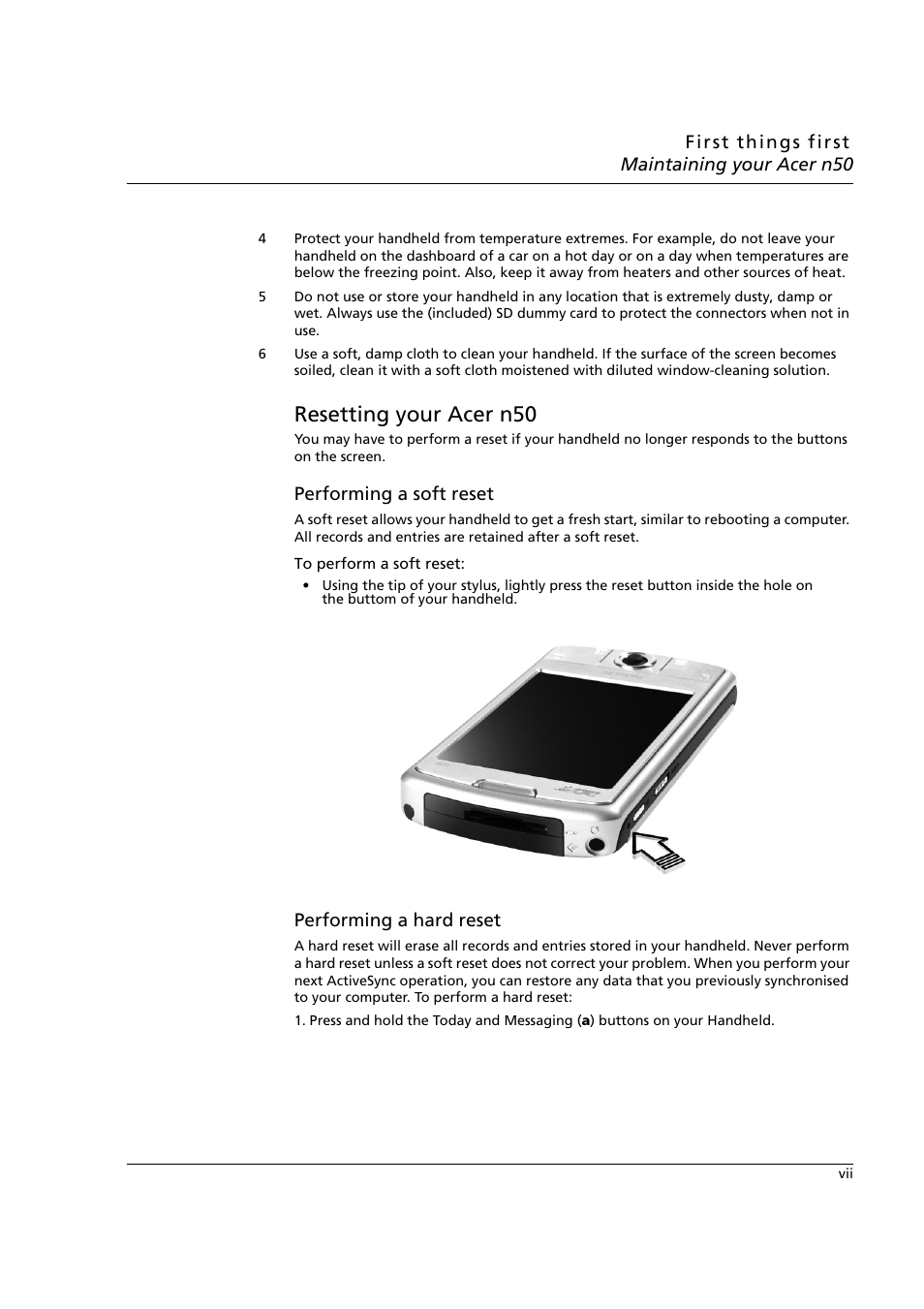 Resetting your acer n50, Performing a soft reset, Performing a hard reset | Acer n50 User Manual | Page 7 / 122