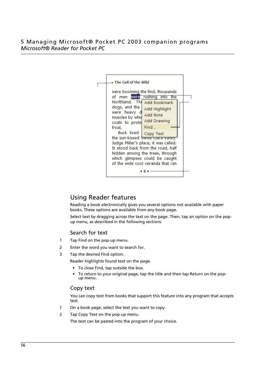 Using reader features, Search for text, Copy text | Acer n50 User Manual | Page 70 / 122