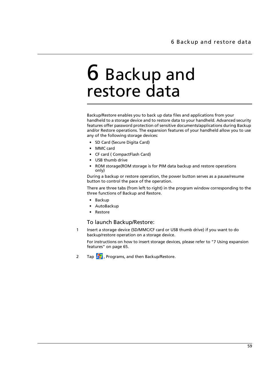 6 backup and restore data, Backup and restore data | Acer n50 User Manual | Page 73 / 122