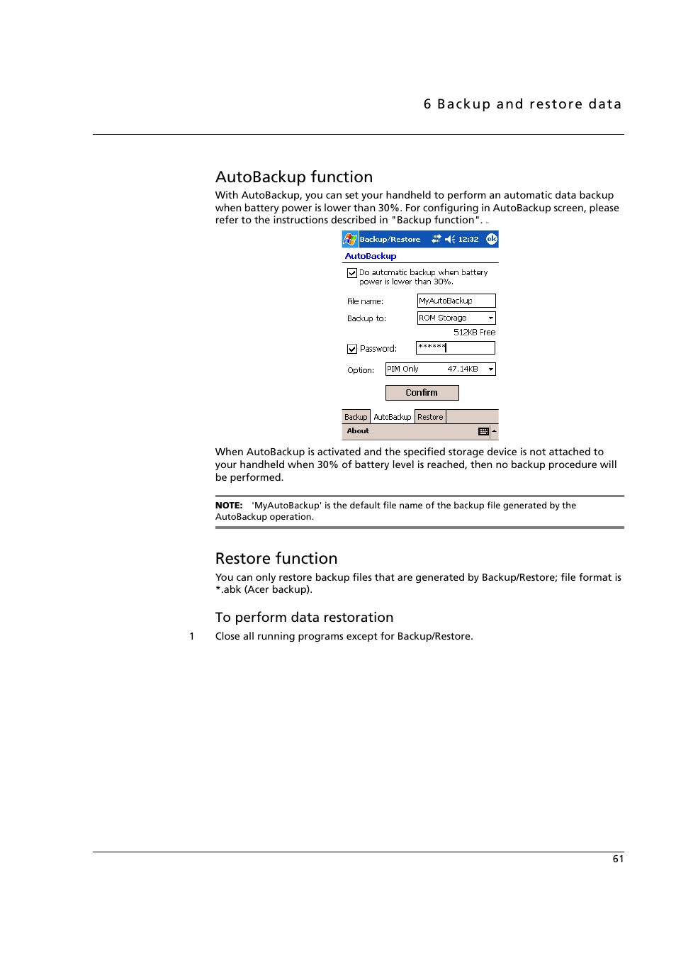 Autobackup function, Restore function, Autobackup function restore function | Acer n50 User Manual | Page 75 / 122