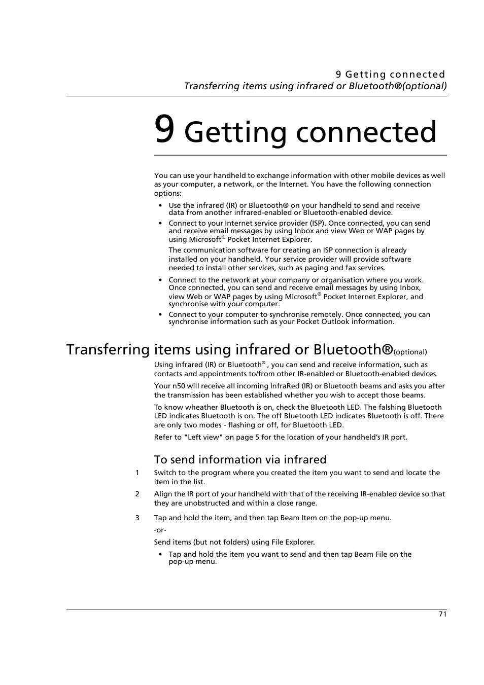 9 getting connected, To send information via infrared, Getting connected | Transferring items using infrared or bluetooth | Acer n50 User Manual | Page 85 / 122