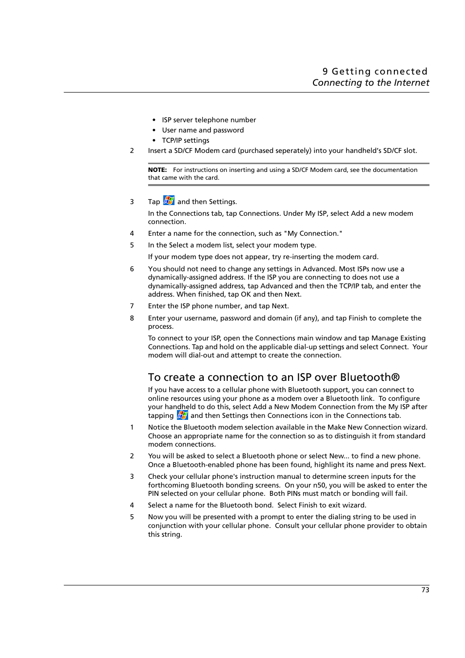 To create a connection to an isp over bluetooth | Acer n50 User Manual | Page 87 / 122