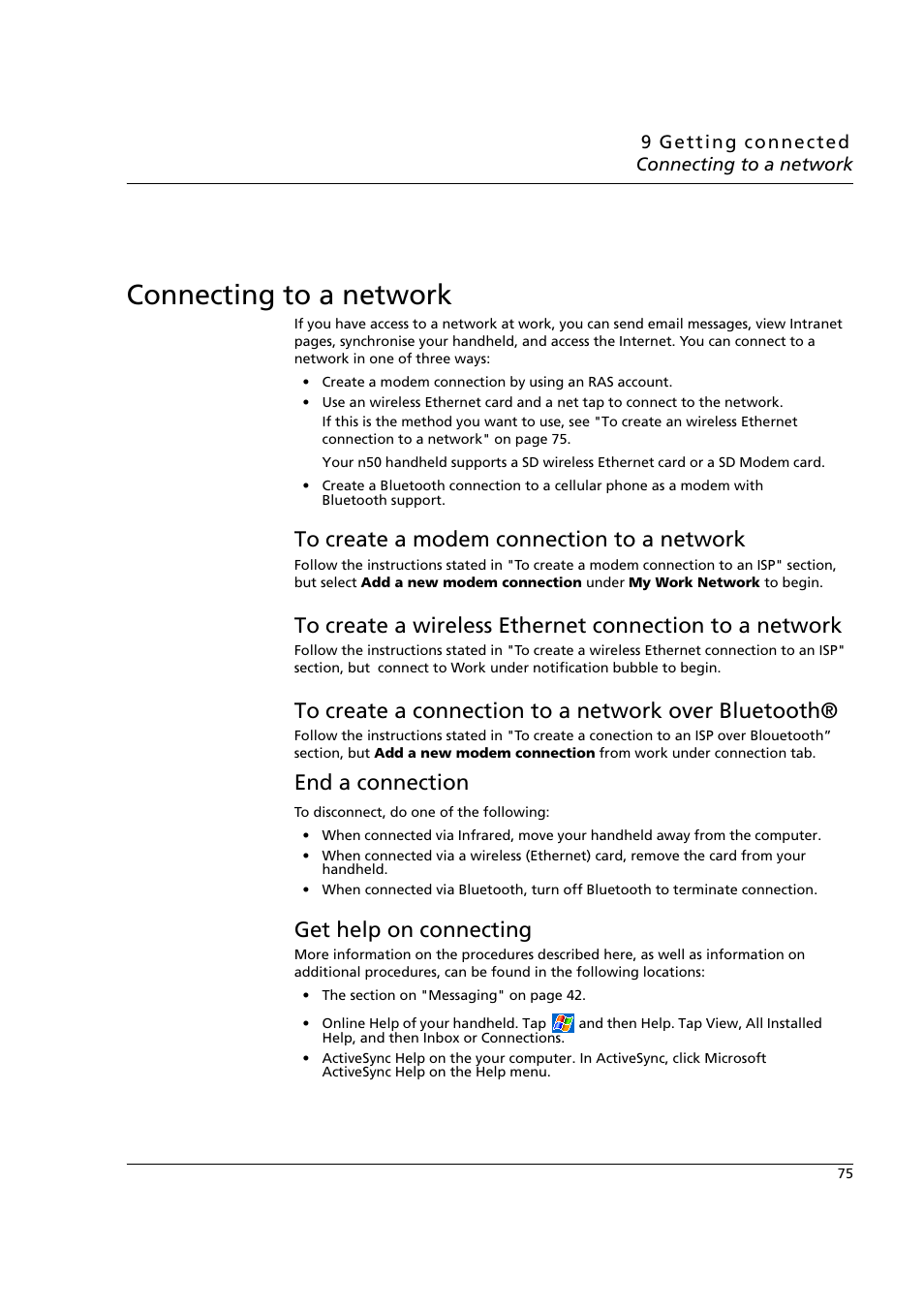 Connecting to a network, To create a modem connection to a network, To create a connection to a network over bluetooth | Get help on connecting, End a connection | Acer n50 User Manual | Page 89 / 122