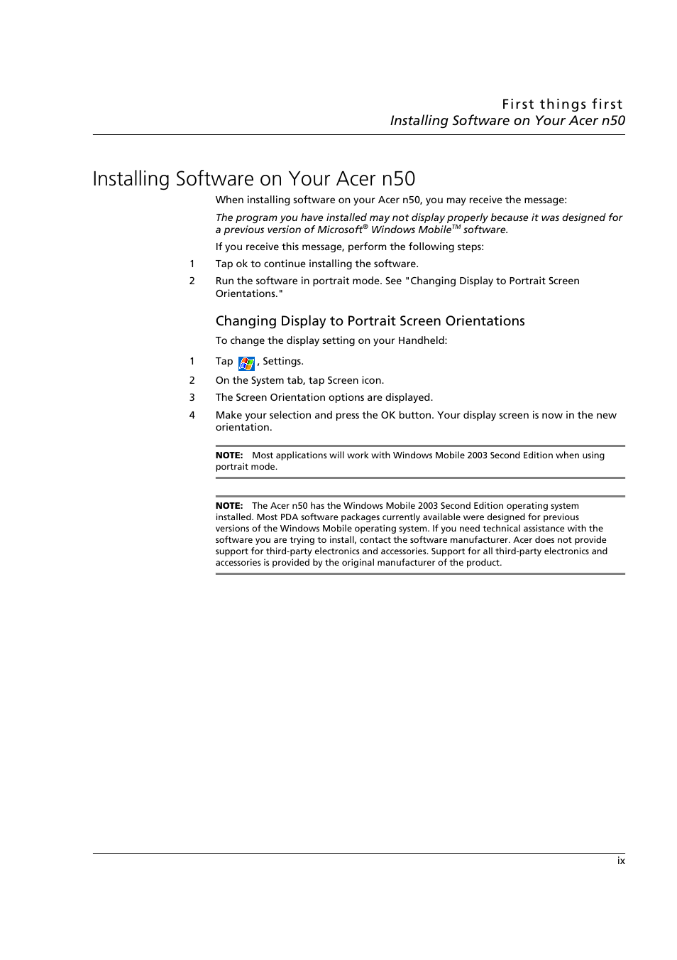 Installing software on your acer n50, Changing display to portrait screen orientations | Acer n50 User Manual | Page 9 / 122