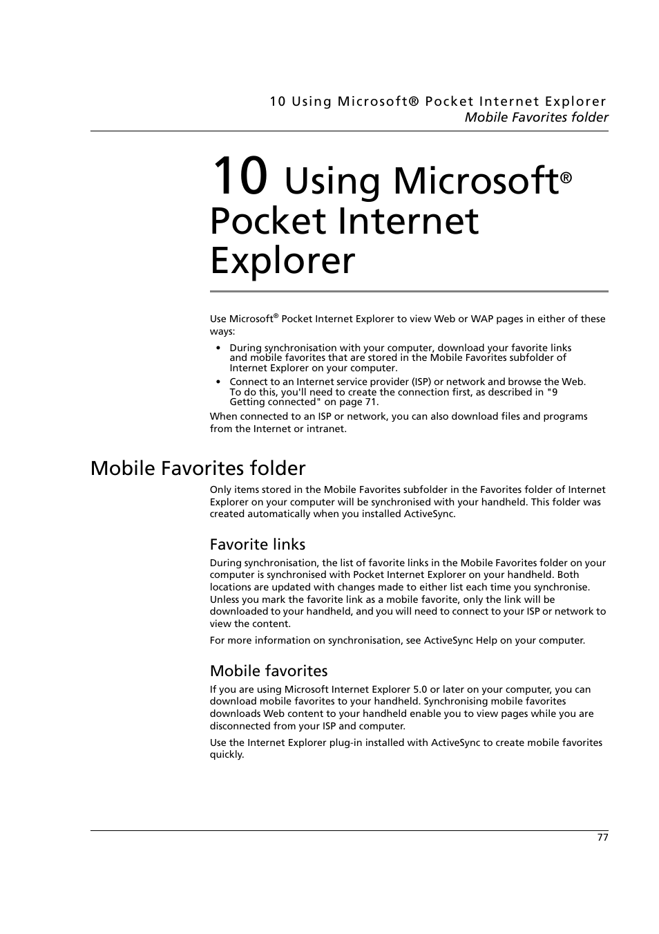 10 using microsoft® pocket internet explorer, Mobile favorites folder, Favorite links | Mobile favorites, Favorite links mobile favorites, Using microsoft, Pocket internet explorer | Acer n50 User Manual | Page 91 / 122