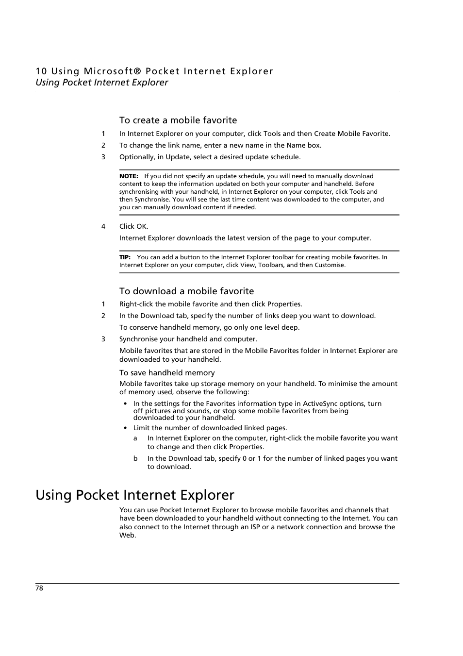 Using pocket internet explorer | Acer n50 User Manual | Page 92 / 122