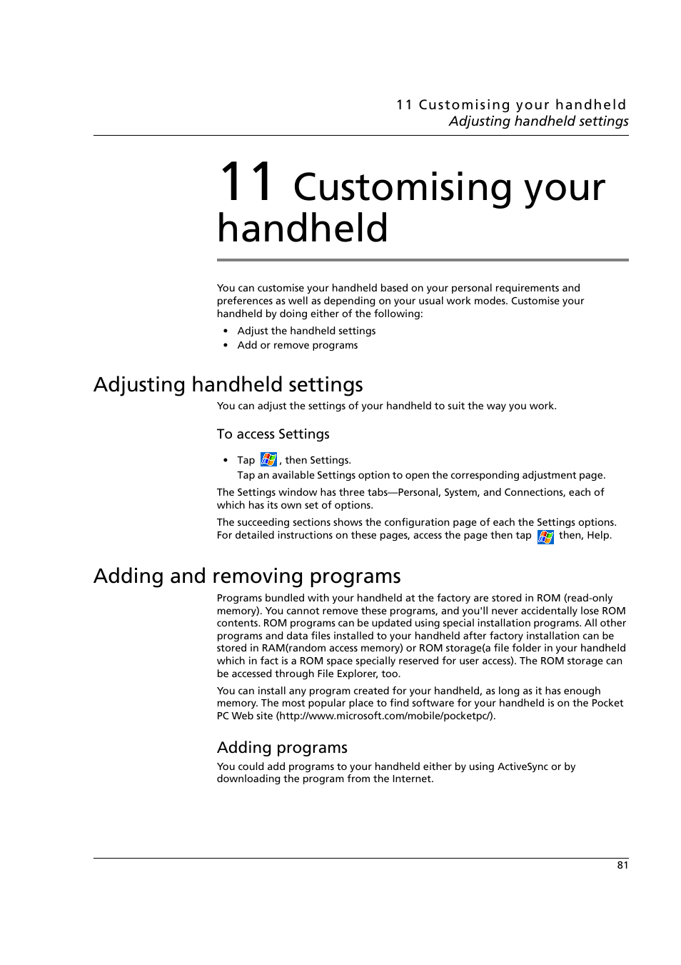 11 customising your handheld, Adjusting handheld settings, Adding and removing programs | Adding programs, Customising your handheld | Acer n50 User Manual | Page 95 / 122