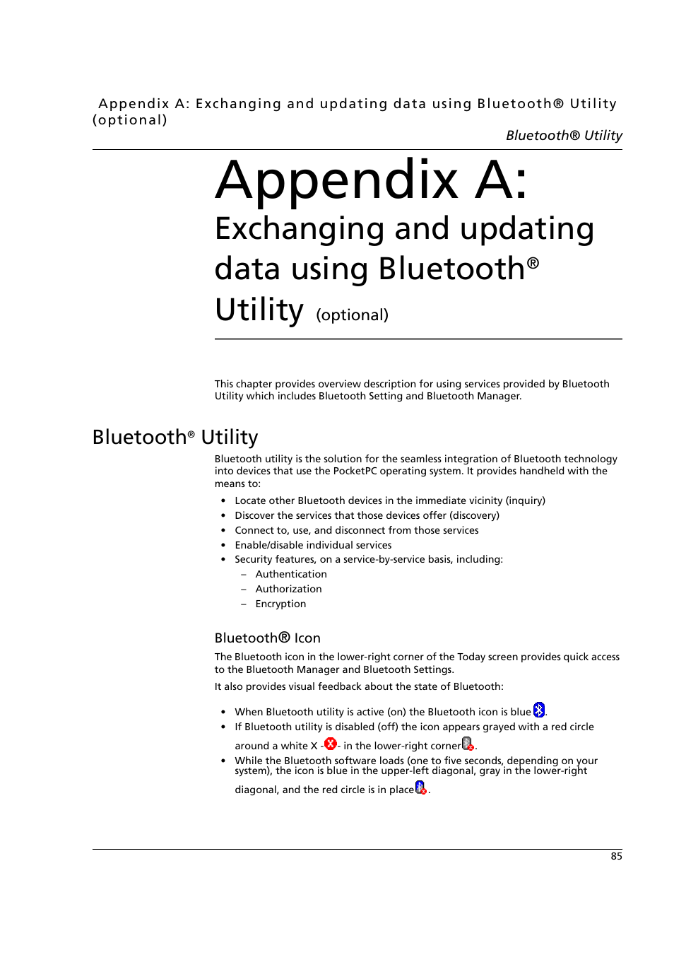 Bluetooth® utility, Appendix a, Exchanging and updating data using bluetooth | Utility, Bluetooth | Acer n50 User Manual | Page 99 / 122