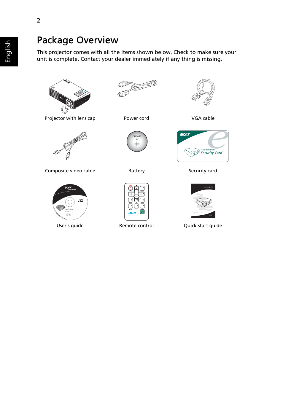 Package overview, English | Acer H5350 User Manual | Page 14 / 53