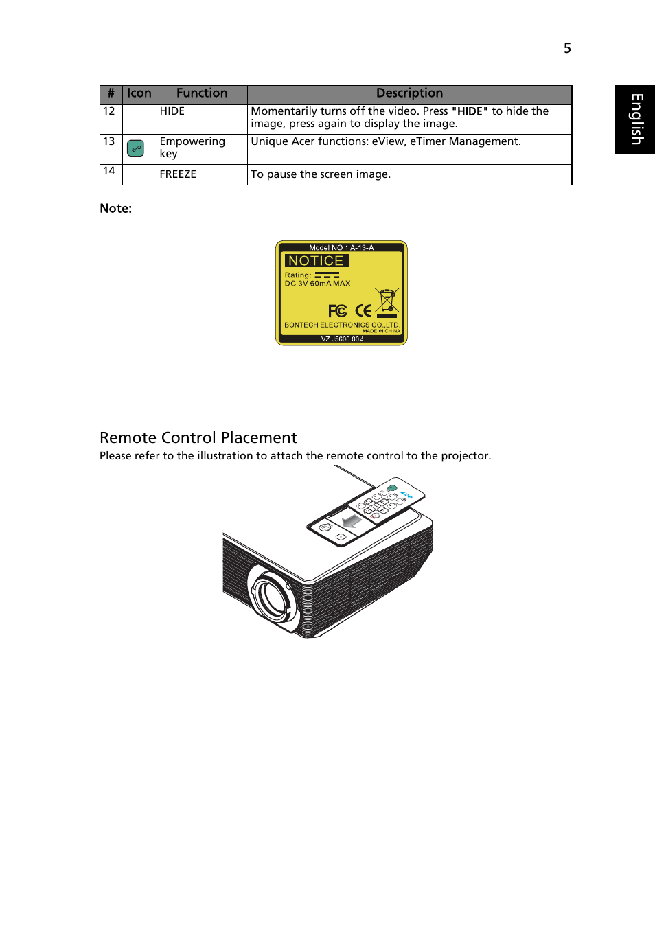 Eng lis h, Remote control placement | Acer H5350 User Manual | Page 17 / 53