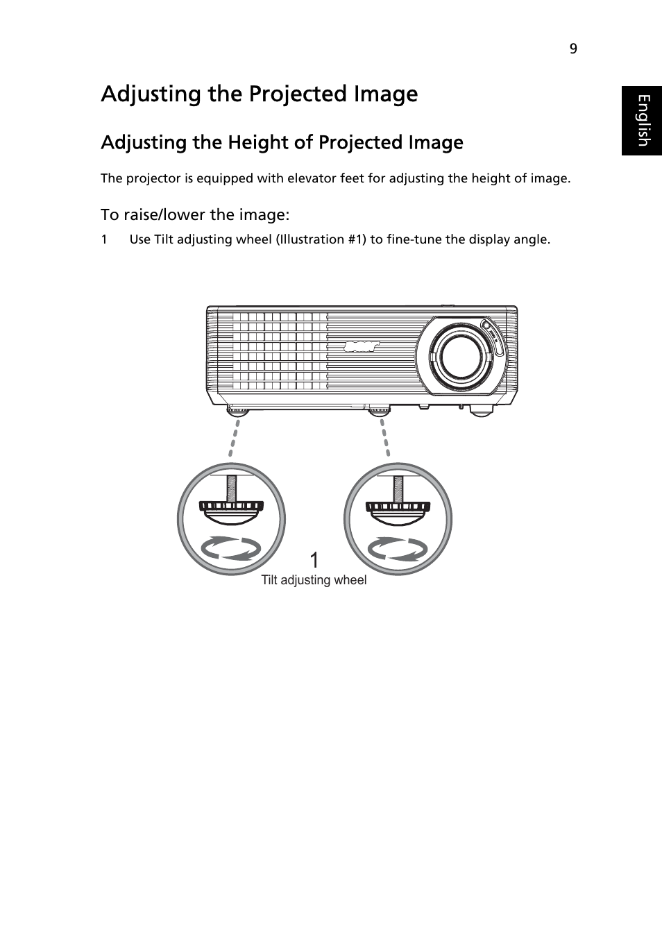 Adjusting the projected image, Adjusting the height of projected image | Acer H5350 User Manual | Page 21 / 53