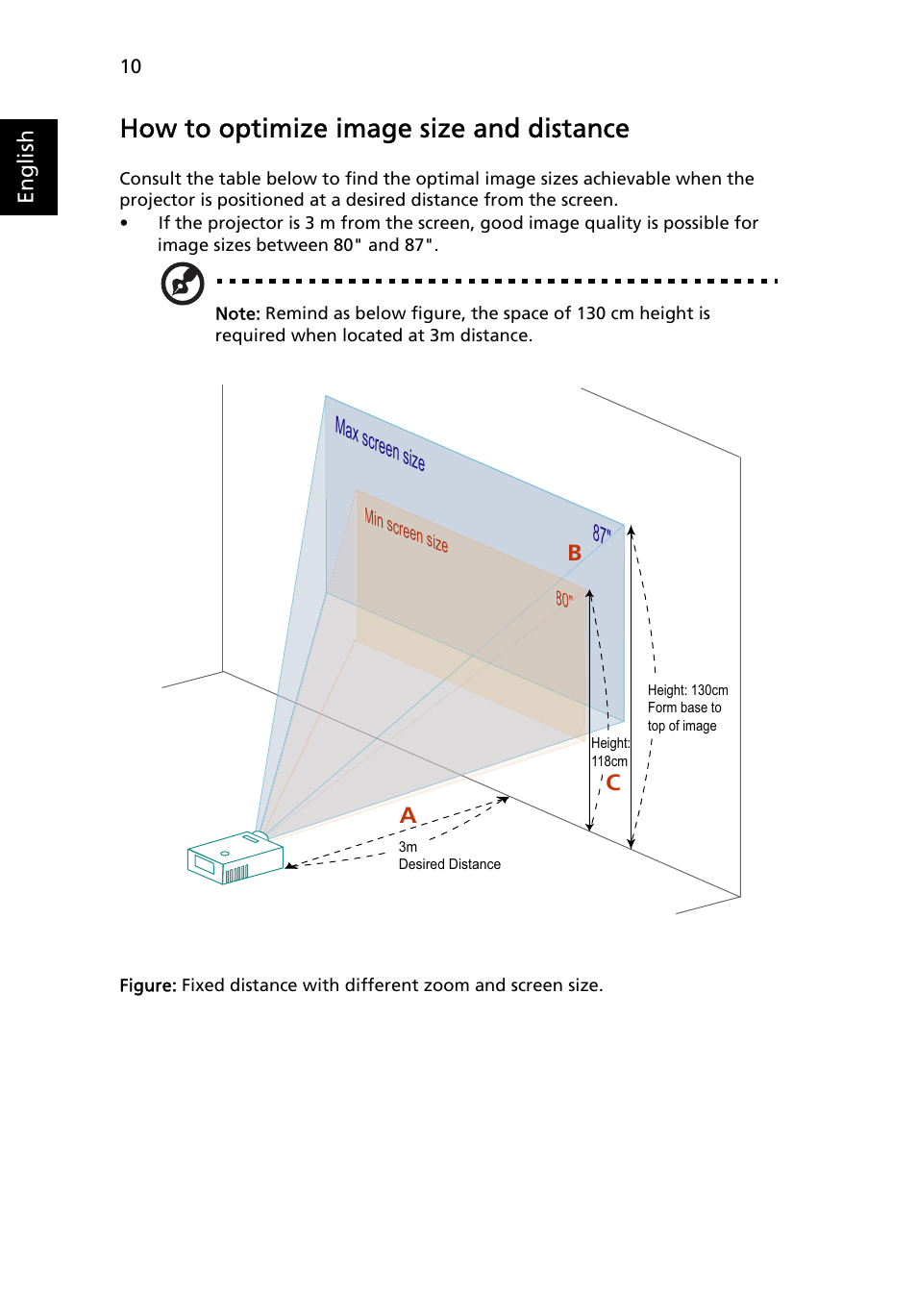 How to optimize image size and distance | Acer H5350 User Manual | Page 22 / 53