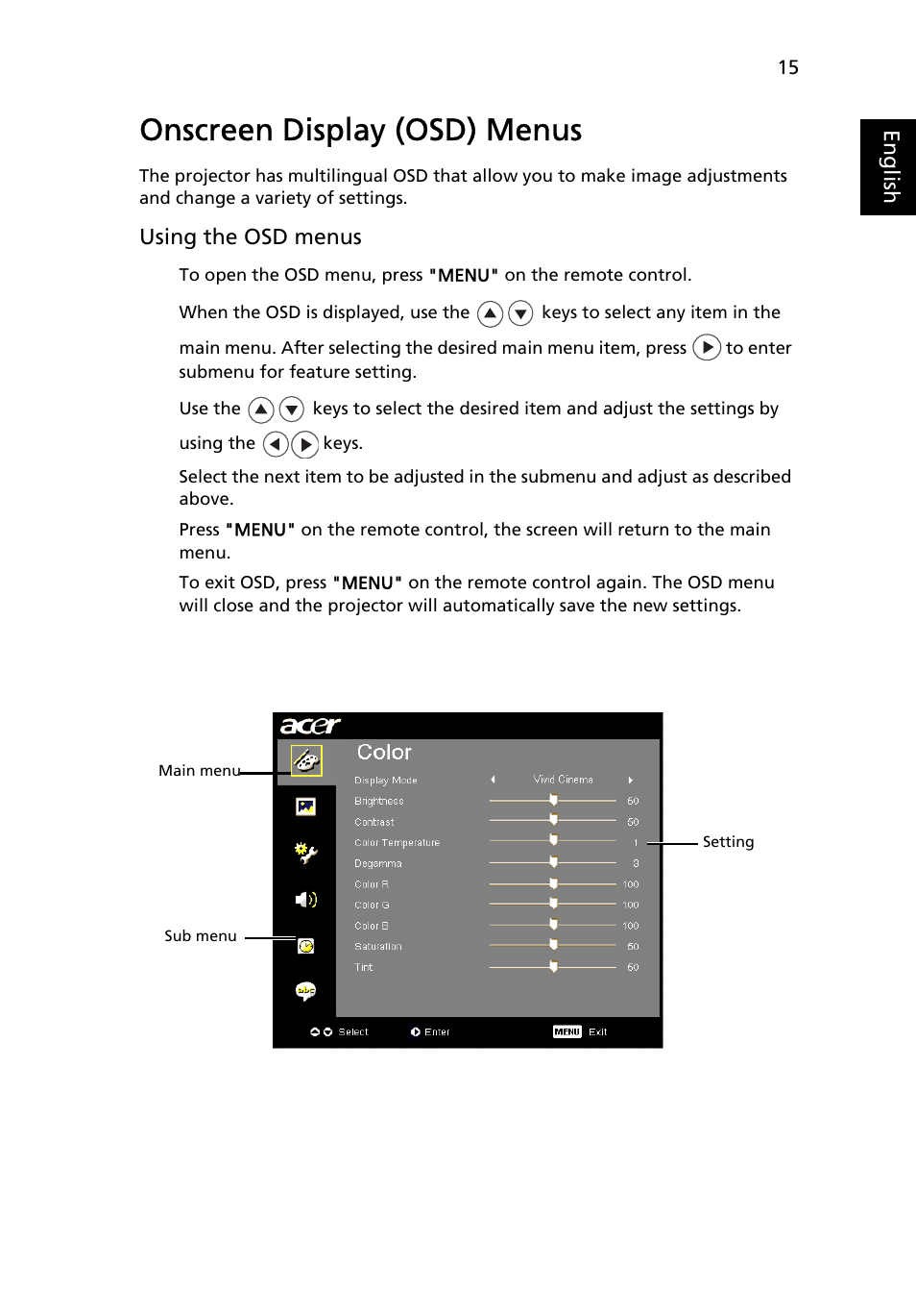 Onscreen display (osd) menus | Acer H5350 User Manual | Page 27 / 53